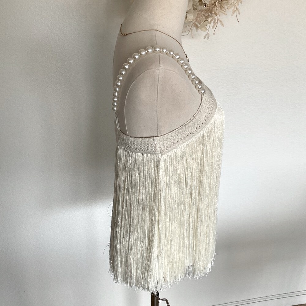 π€ BOSTON PROPER Pearl Embellished Fringe Knit Top Tank Flapper Ivory White - Picture 6 of 15